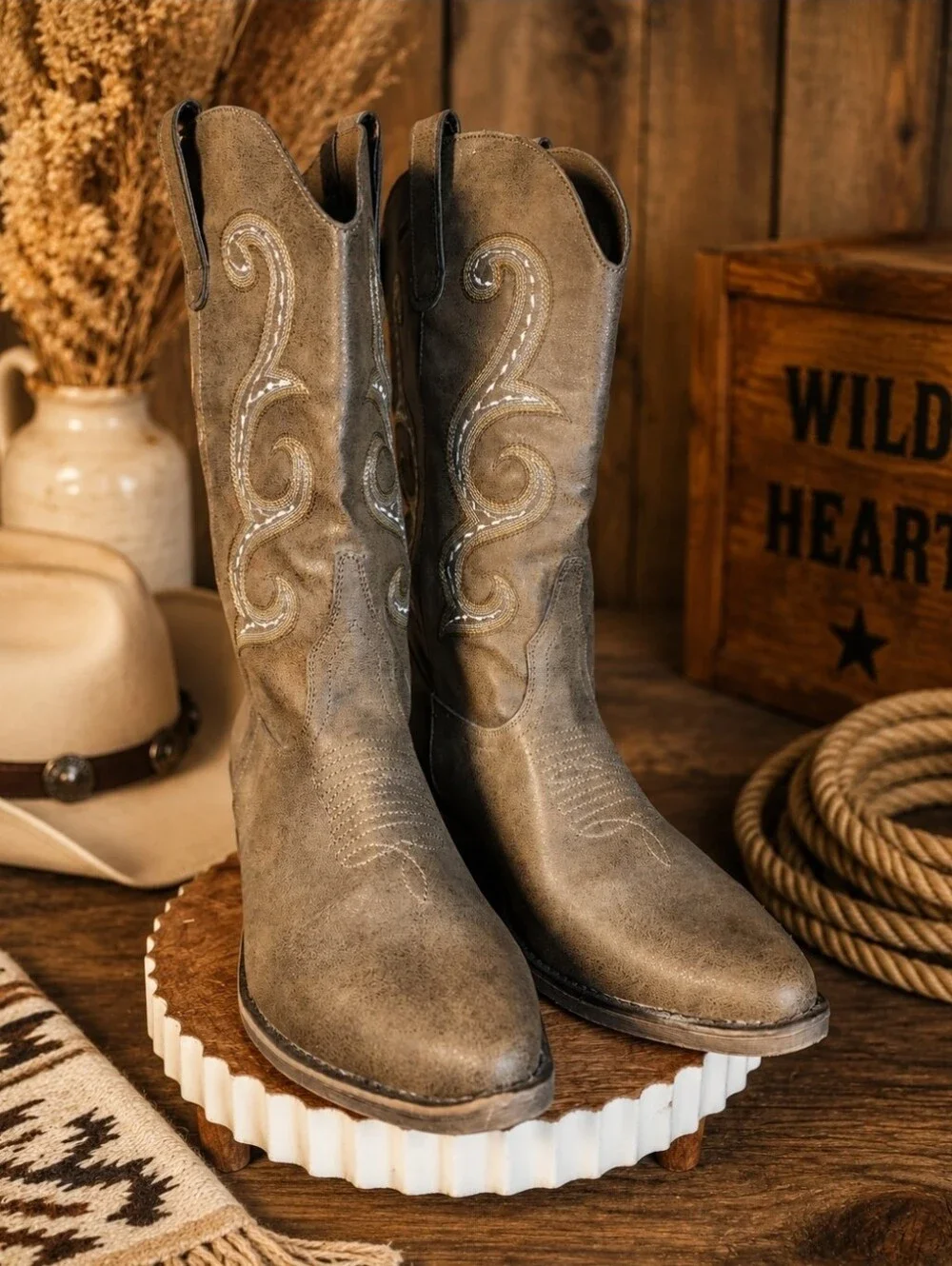 Womens Size 11 Brown Suede Western Cowboy Boots with Embroidered Swirl